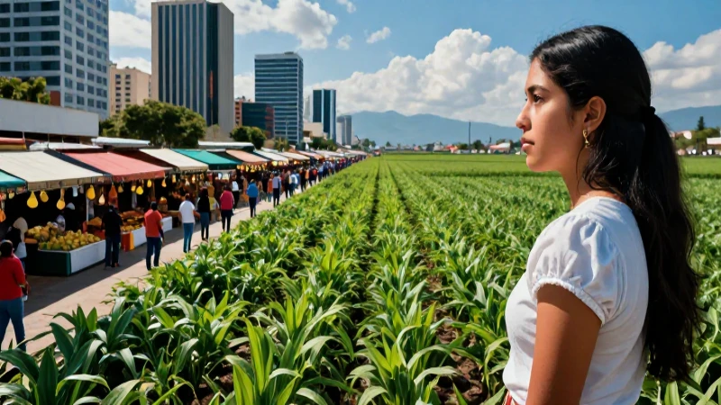 Contraste vibrante: mercado urbano y campo visto por estudiante