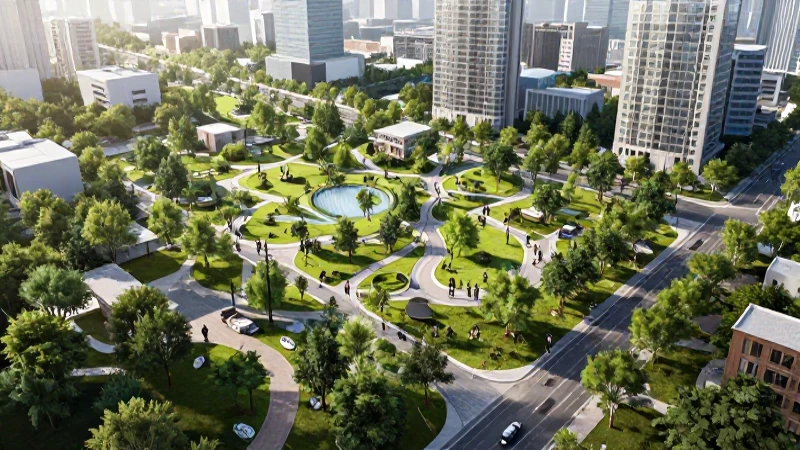 Ciudad moderna verde, vibrante y detallada