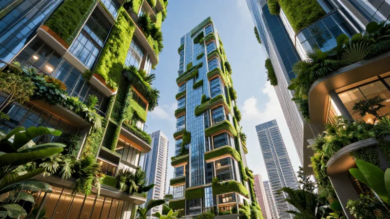 Arquitectura moderna fusionada con naturaleza vibrante