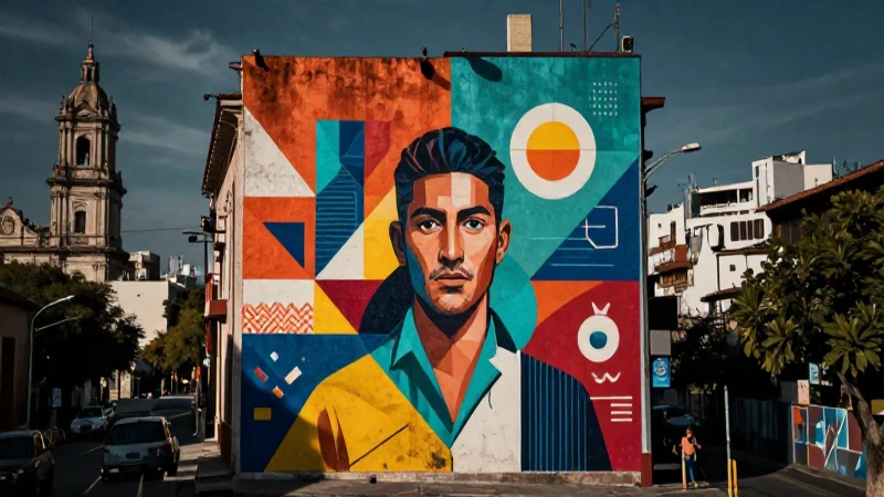 Mural geométrico urbano en paisaje histórico
