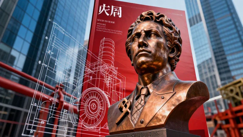 Busto soviético sobre paisaje industrial moderno