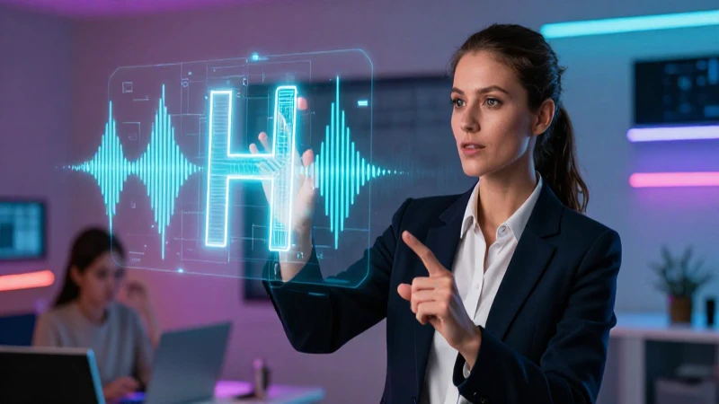 Profesora atractiva interactúa con símbolo holográfico