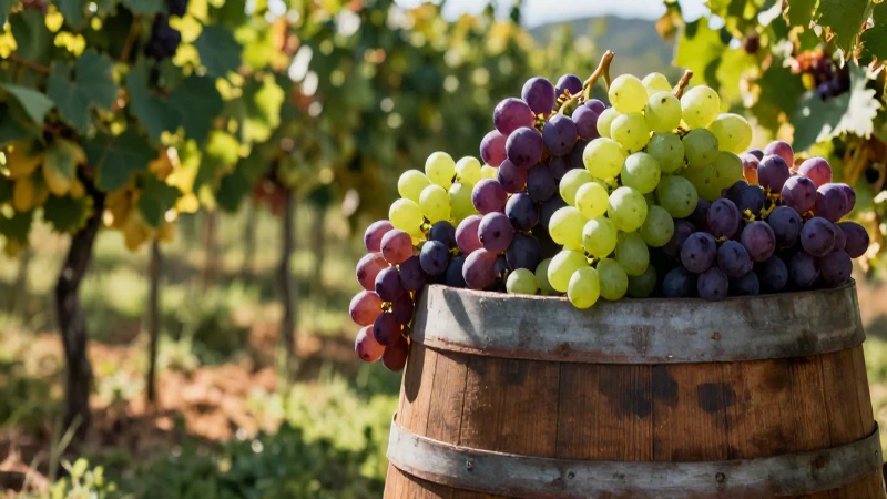 Cuáles son la definición, beneficios y concepto de la uva 5 Uvas y barril en viñedo con estilo cinematográfico