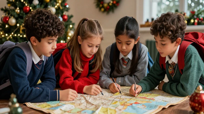 Niños en mapa navideño vibrante, ilustración realista