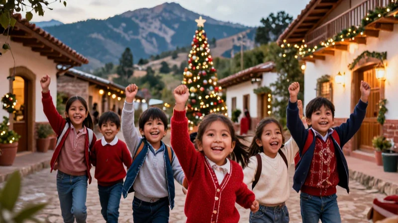 Niños mexicanos felices en pueblo nevado