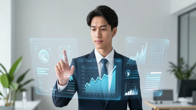 Joven profesional interactúa con datos financieros holográficos