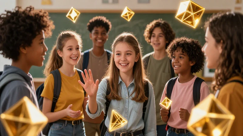 Estudiantes brillantes con símbolos dorados vibrantes