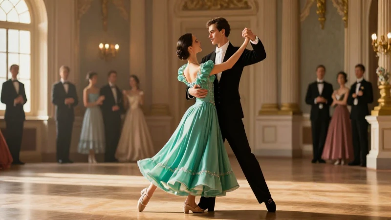Elegante pareja bailando vals en salón histórico