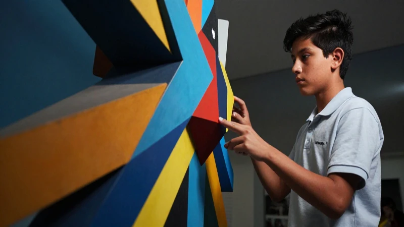 Estudiante mexicano observa vibrante escultura abstracta geométrica