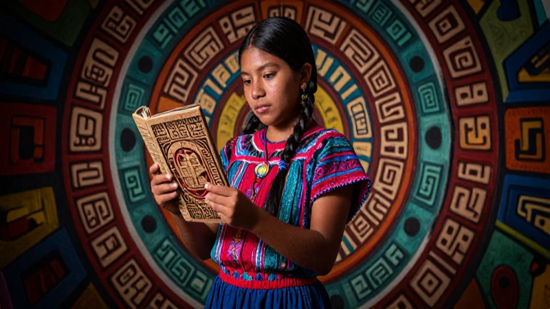Variedad de lenguaje: Explorando la diversidad lingüística 6 Niña indígena con libro ante mural ancestral