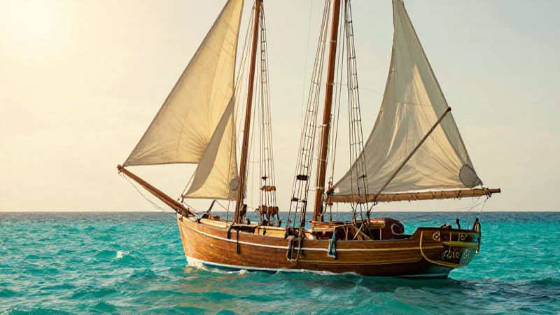 Velero clásico, turquesas al atardecer dorado