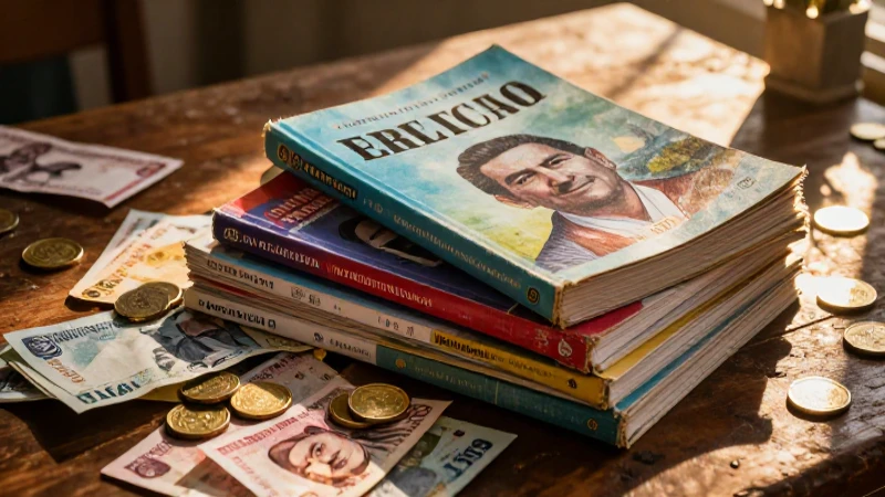 Libros y monedas mexicanas bajo luz dorada