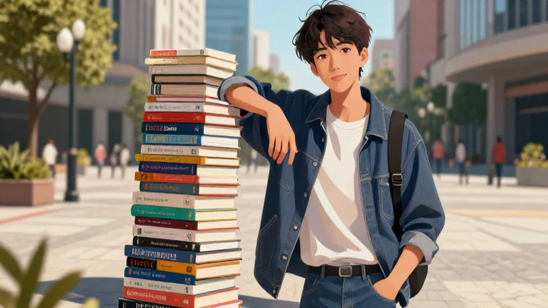Estudiante con libros en entorno urbano dinámico