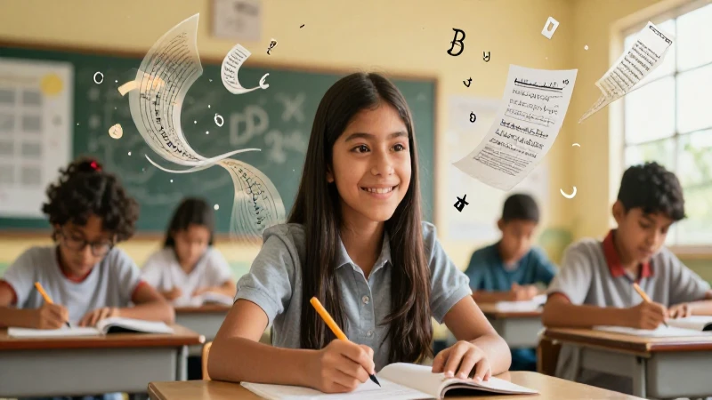 Estudiante entusiasta con elementos educativos vibrantes
