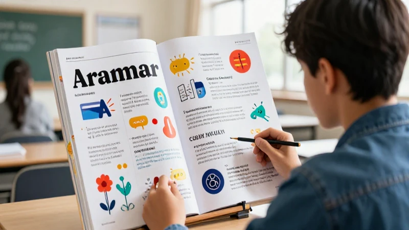 Estudiante aprende gramática en un entorno moderno y vibrante