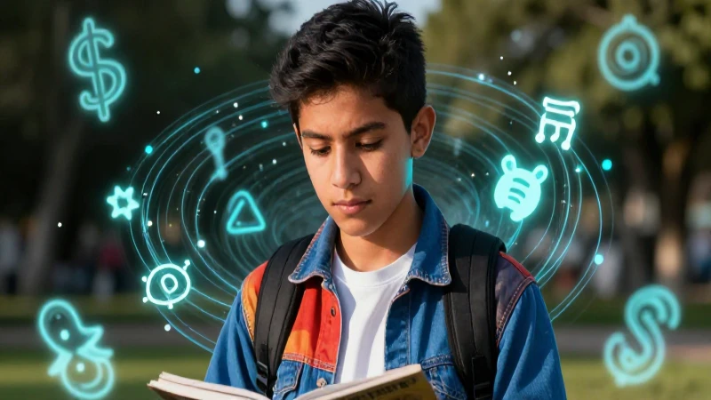 Joven estudiante mexicano con símbolos lingüísticos vibrantes