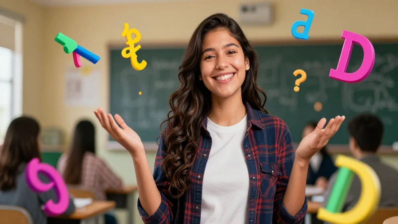 Educadora mexicana feliz en vibrante ambiente académico