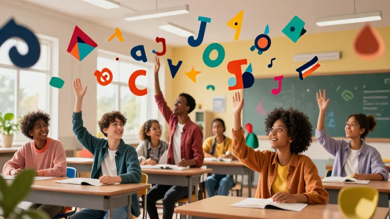Estudiantes con símbolos flotantes en un ambiente moderno