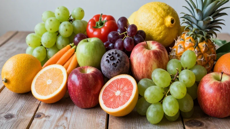 Arreglo colorido y vibrante de frutas y verduras