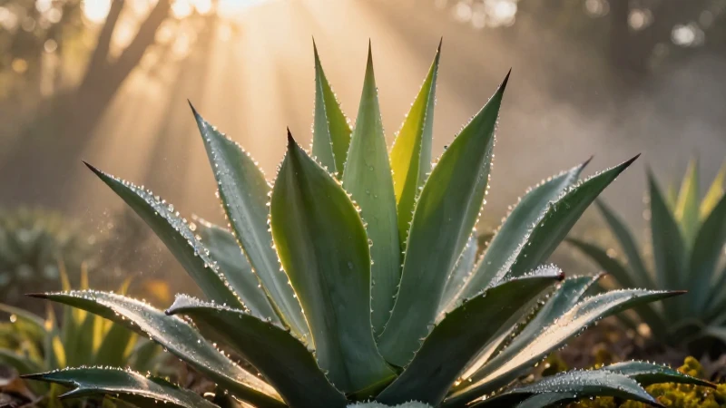 Versos cortos: 20 ejemplos inspiradores para tu poesía 4 Agave vibrante con luz dorada y niebla etérea