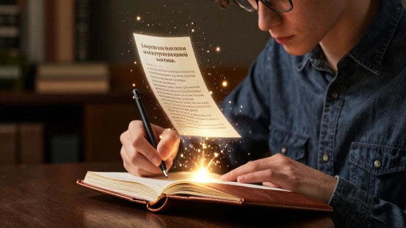 Versos cortos: 20 ejemplos inspiradores para tu poesía 8 Joven escribe poesía mágica con luz cálida