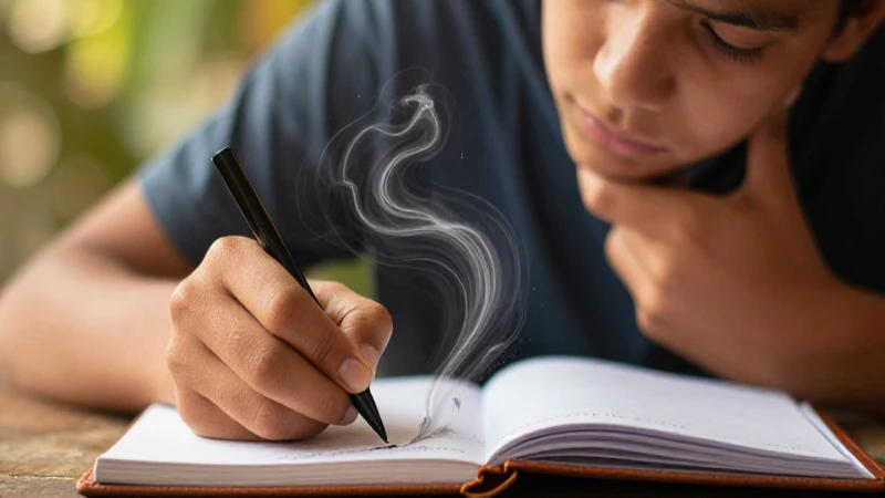 Estudiante reflexivo escribe poesía en un diario épico