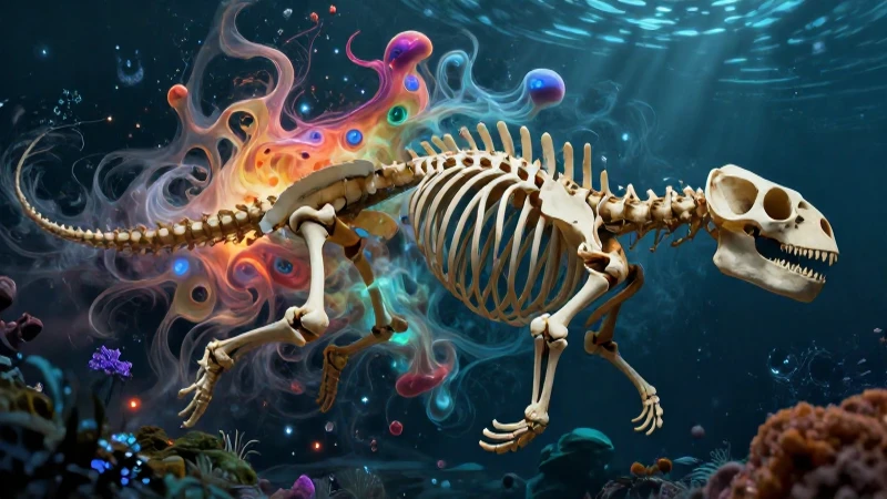 Esqueleto antiguo emerge de energía bioluminosa