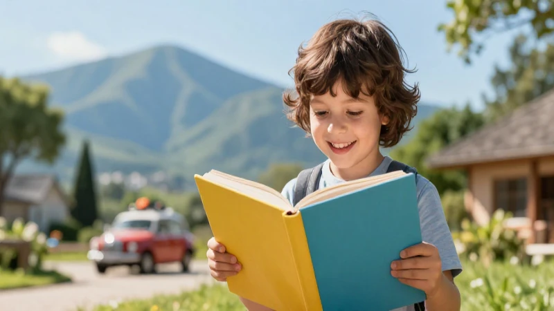 Niño alegre lee libro en destino turístico