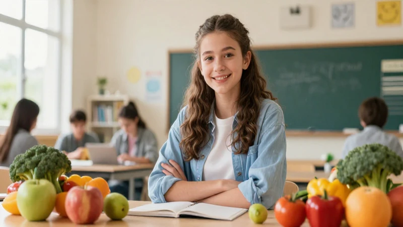 Estudiante vibrante con frutas en entorno moderno