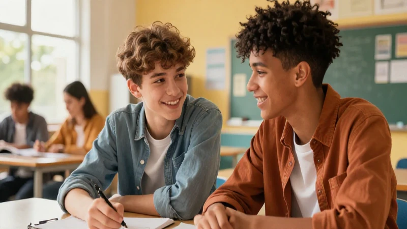 Dos adolescentes colaborando en entorno escolar vibrante