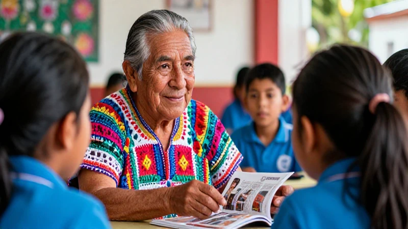 Maestra mexicana sonriente enseña a su joven alumno