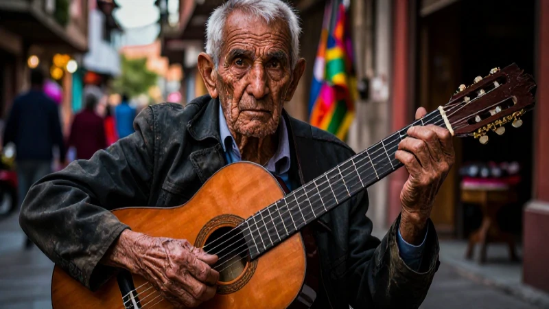 Retrato dramático de guitarrista ciego en la calle