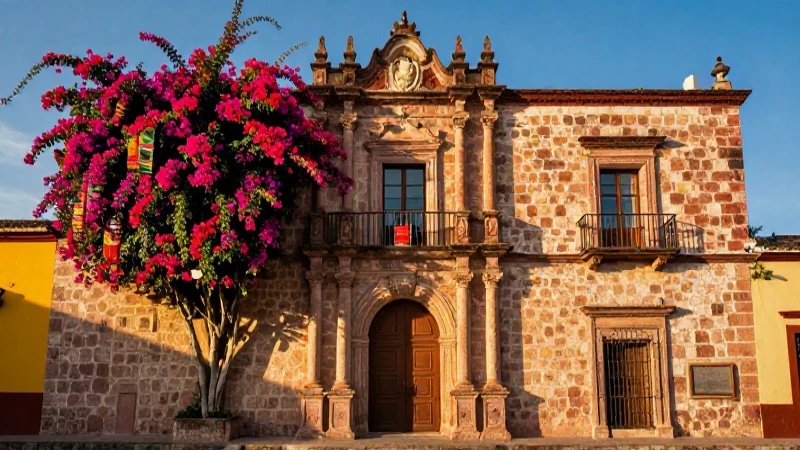 Arquitectura colonial mexicana vibrante y detallada al atardecer