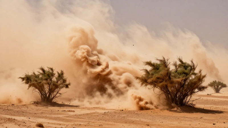 Vientos Zonda: Definición, Características y Concepto 6 Paisaje árido con tormenta de polvo y contraste vibrante