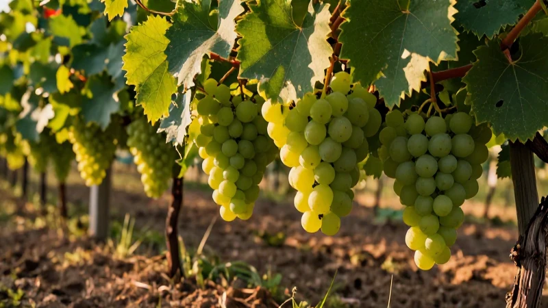 Uva y viñedo real en luz dorada