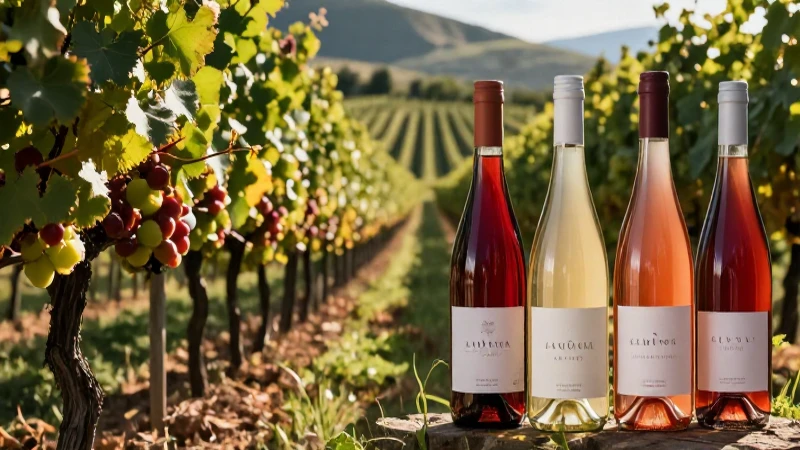 Viñedo con botellas de vino estilo portada