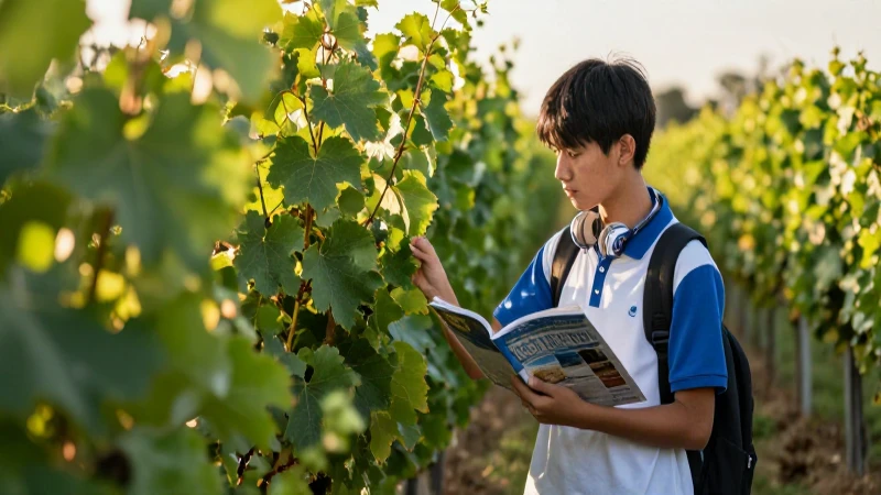 Estudiante estudia viñedo al atardecer