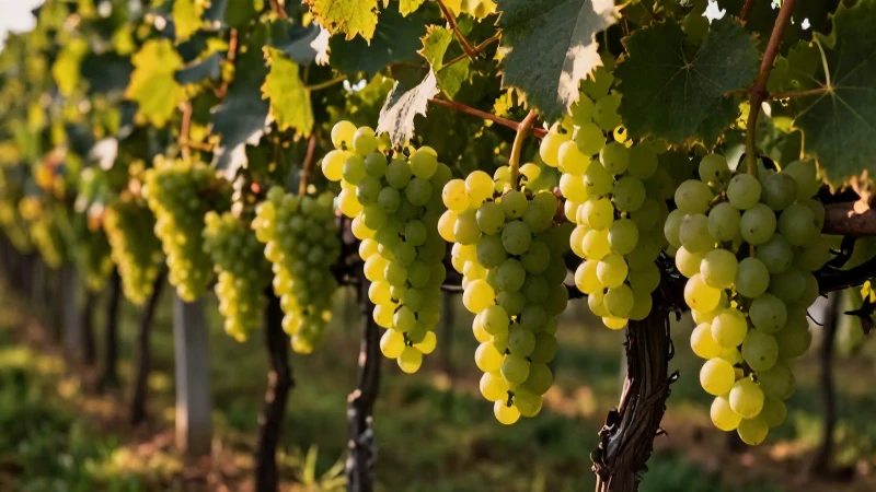 Viñedo vibrante y detallado con luz dorada