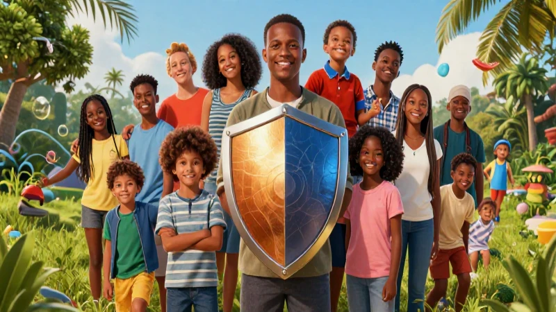Ilustración dinámica de familia con escudo protector y estilo cinematográfico