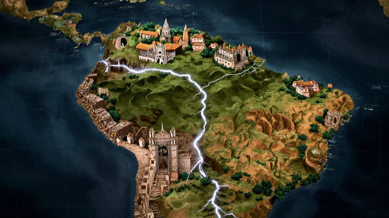 Mapa épico de Nueva España con estructuras barrocas