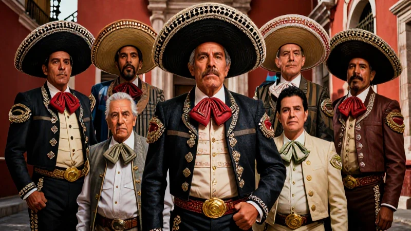 Ilustración vibrante de figuras mexicanas coloniales