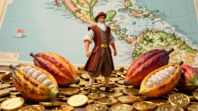 Mercader colonial próspero con oro y cacao