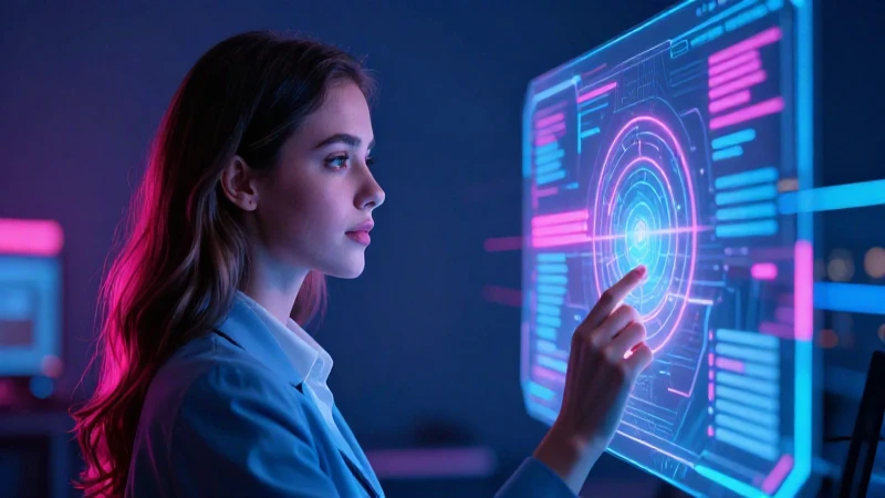 Mujer atractiva mira interfaz holográfica sobre relaciones virtuales