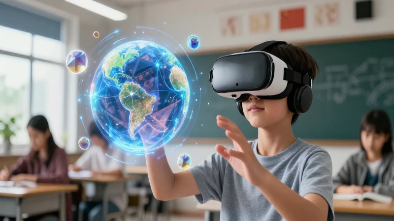 Estudiante con realidad virtual flotando en aula digital