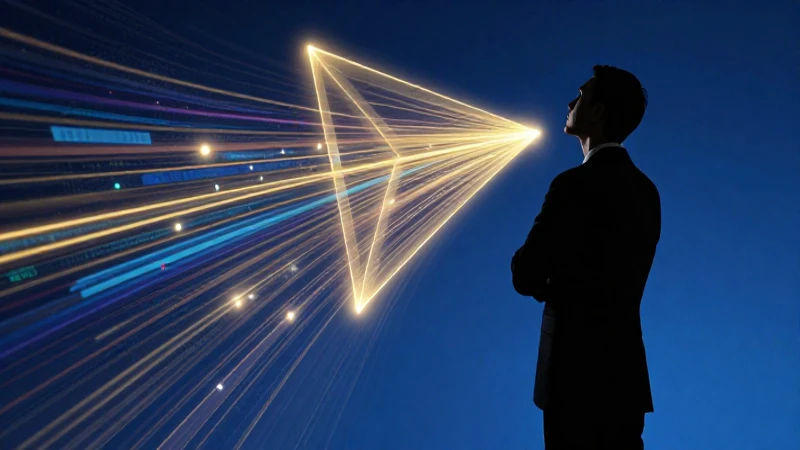 Ejecutivo soñando con futuro estratégico y datos luminosos