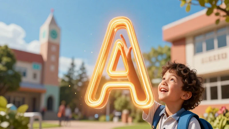 Niño feliz toca la letra A brillante