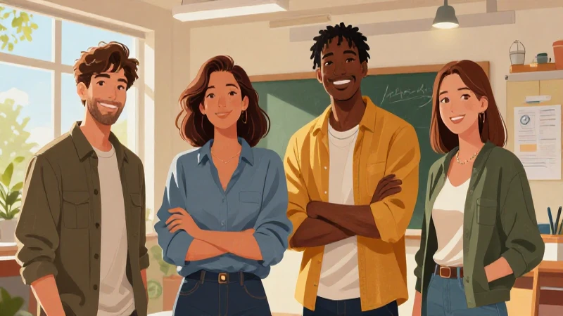 Ilustración profesional de cuatro personajes vibrantes