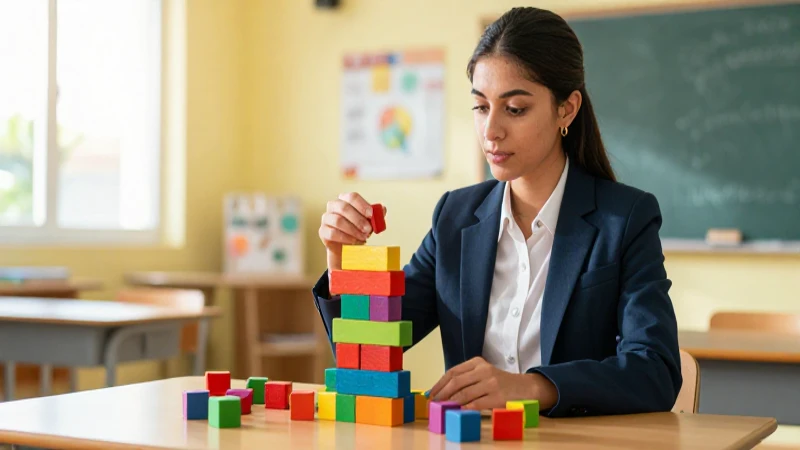 Educadora mexicana con bloques de madera colorida