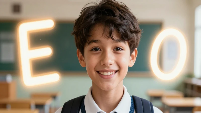 Retrato alegre de estudiante con vocales brillantes