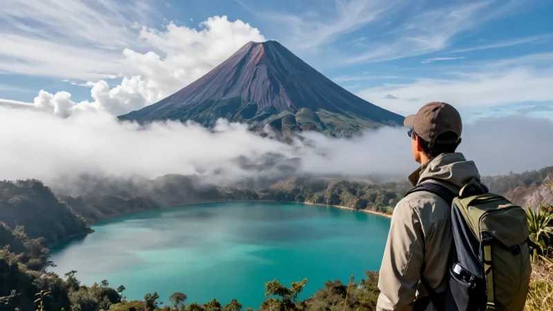 Explorador admira Atitlán, un paisaje volcánico vibrante